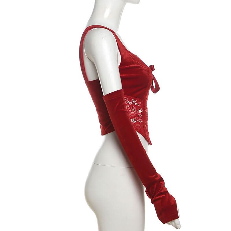 Gloves bowknot lace velvet patchwork cami top
