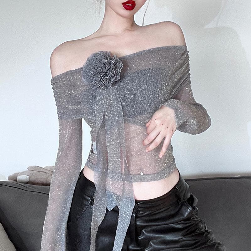 Long sleeve off shoulder flower applique glitter top