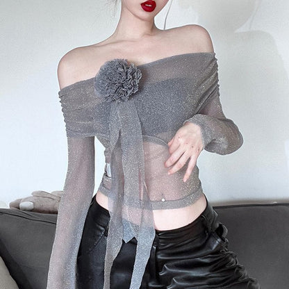 Long sleeve off shoulder flower applique glitter top