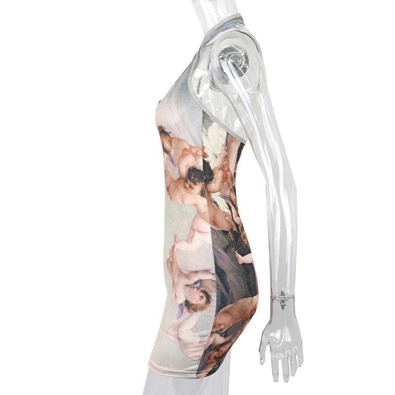 Halter ruched hollow out print backless cut out mini dress
