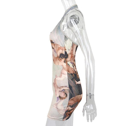 Halter ruched hollow out print backless cut out mini dress