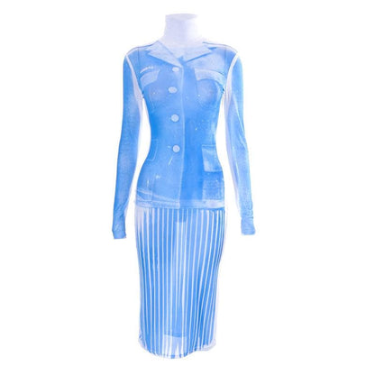 Sheer mesh see through turtle neck long sleeve contrast print midi dress