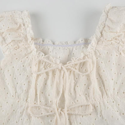U neck puff sleeve textured ruffle top