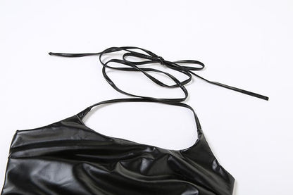 Self tie halter backless irregular PU leather square neck top