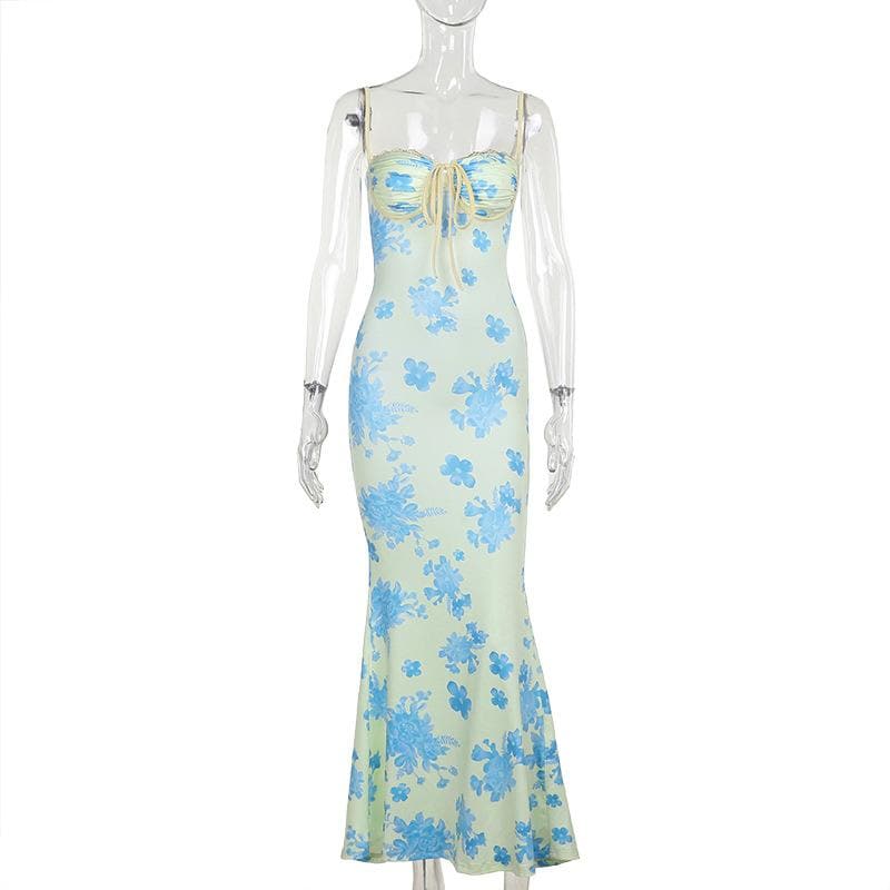 Sweetheart neck ruched lace hem flower print cami maxi dress
