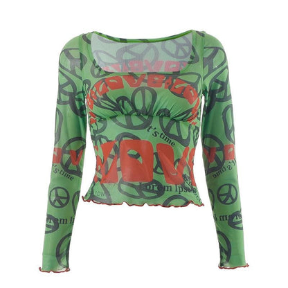 Long sleeve sheer mesh see through ruffle contrast print crop top