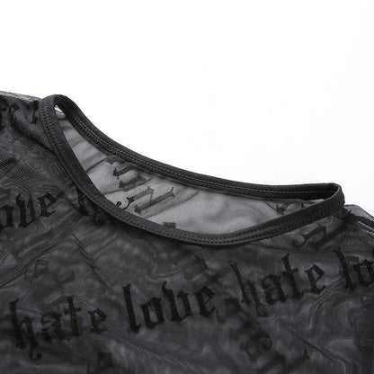 Sheer mesh "hate love" print see through solid long sleeve gloves top