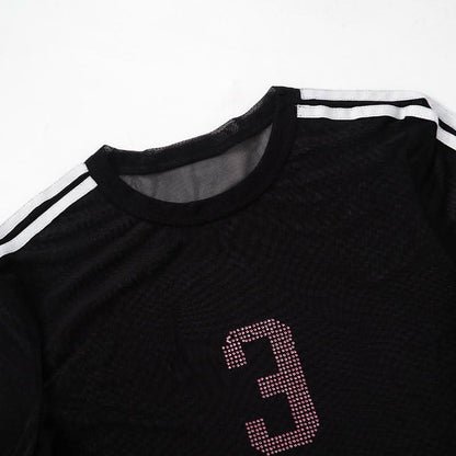 Long sleeve crewneck mesh beaded top