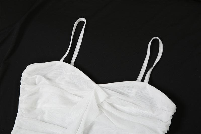 Ruched mesh ruffle sweetheart neck cami maxi dress