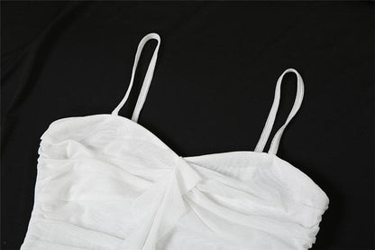 Ruched mesh ruffle sweetheart neck cami maxi dress