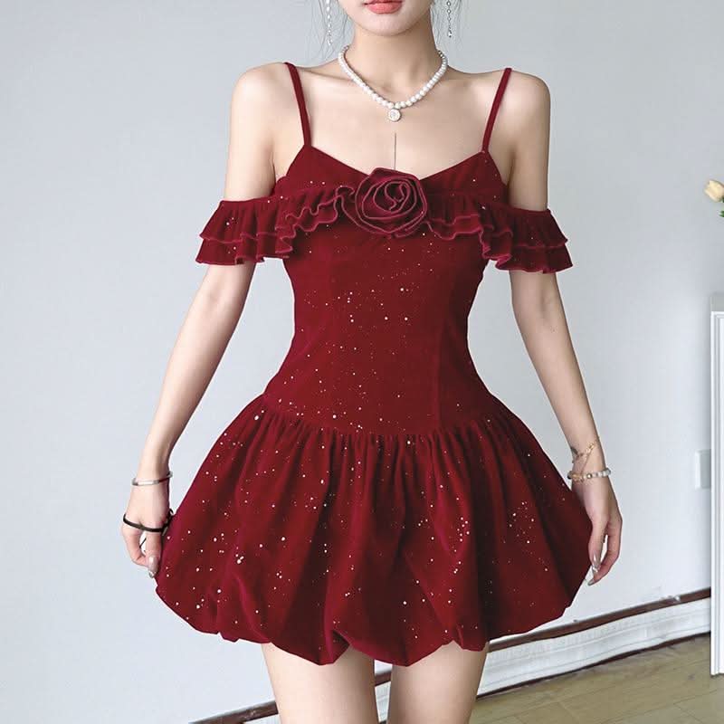 Glitter velvet ruffle flower applique 2-way cami mini dress