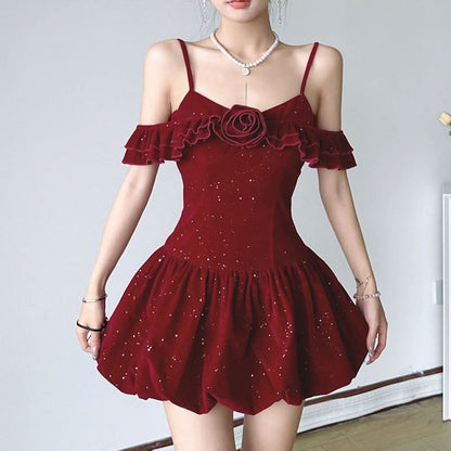 Glitter velvet ruffle flower applique 2-way cami mini dress