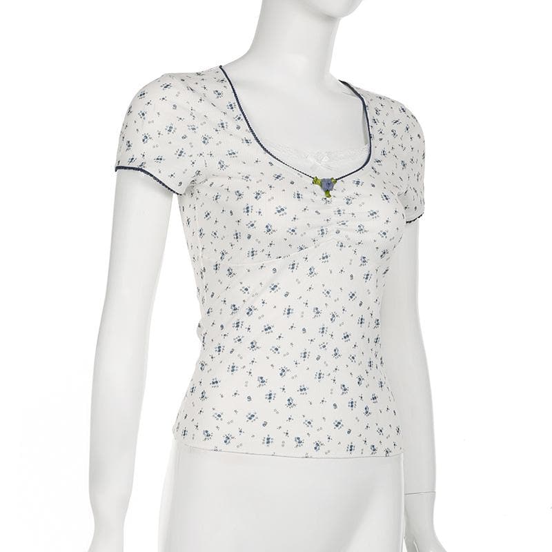 Short sleeve patchwork flower applique print top