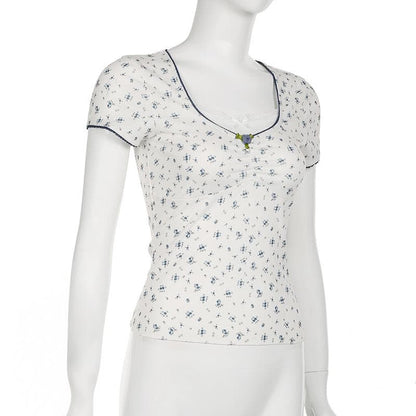 Short sleeve patchwork flower applique print top