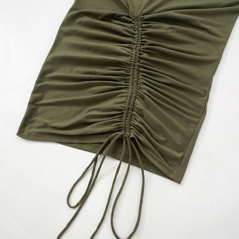 Ruched drawstring self tie long sleeve irregular mini dress
