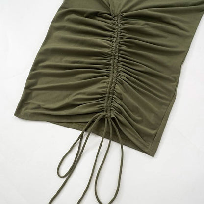 Ruched drawstring self tie long sleeve irregular mini dress