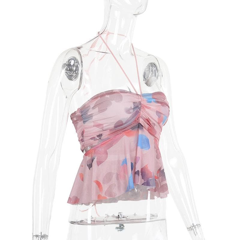 Halter drawstring ruched mesh print top