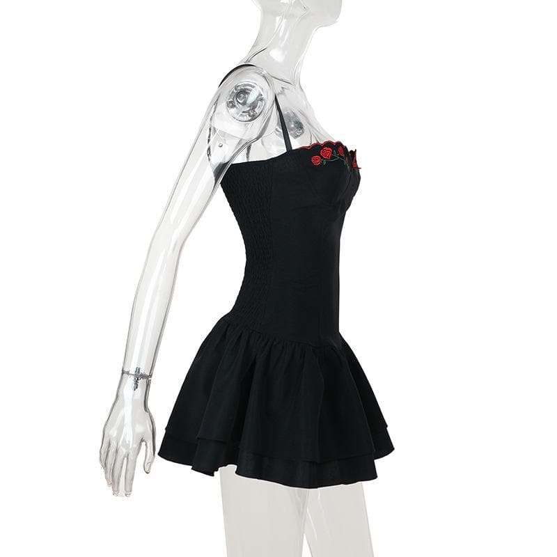 Sweetheart neck rose embroidery bowknot cami mini dress