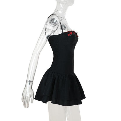 Sweetheart neck rose embroidery bowknot cami mini dress