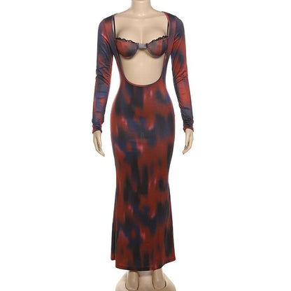 Long sleeve print v neck lace hem contrast maxi skirt set