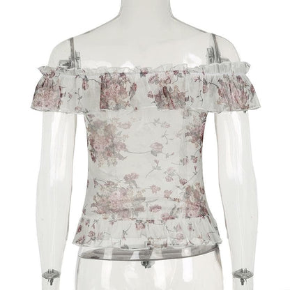 Off shoulder ruffle mesh flower print top