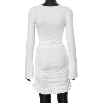 Long sleeve crewneck ruched mini dress