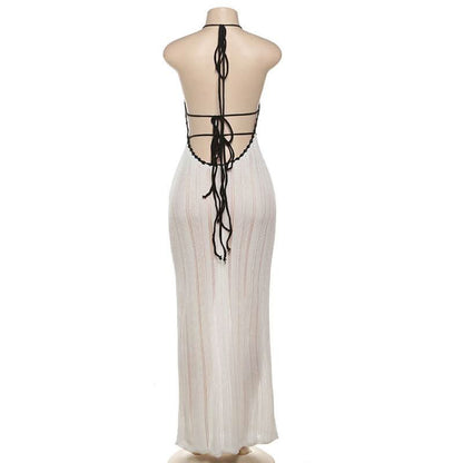 Halter v neck backless self tie knitted maxi dress