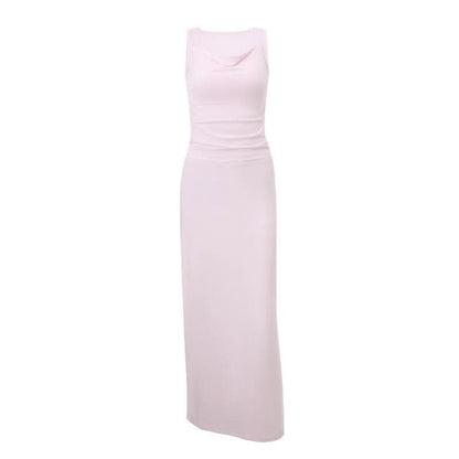 Cowl neck ruched solid tank maxi dress-final-sale