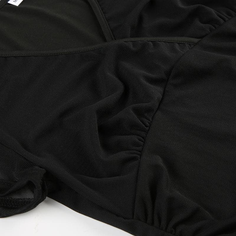 Short sleeve v neck mesh ruched solid top