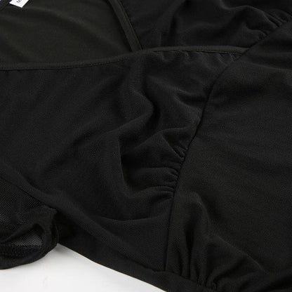 Short sleeve v neck mesh ruched solid top