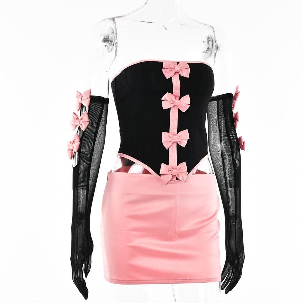 Mesh contrast bowknot gloves lace up tube backless mini skirt set-final-sale