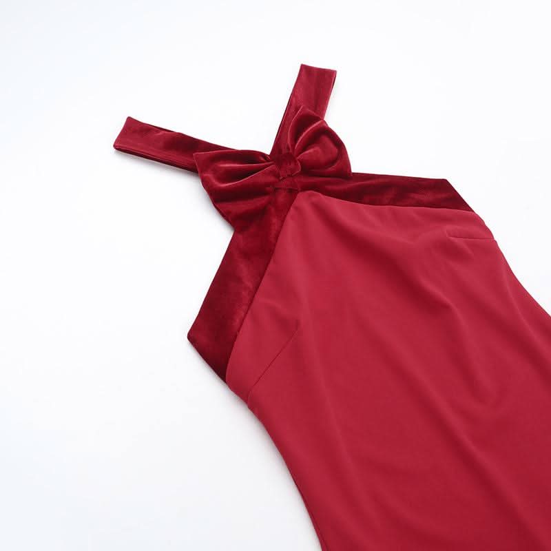 Halter bowknot cross back ruffle mini dress