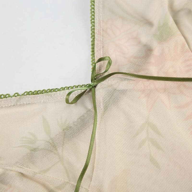 V neck flower print bowknot mesh cami top