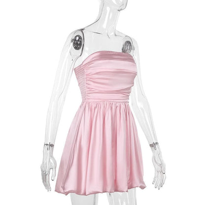 Ruched smocked solid backless tube mini dress