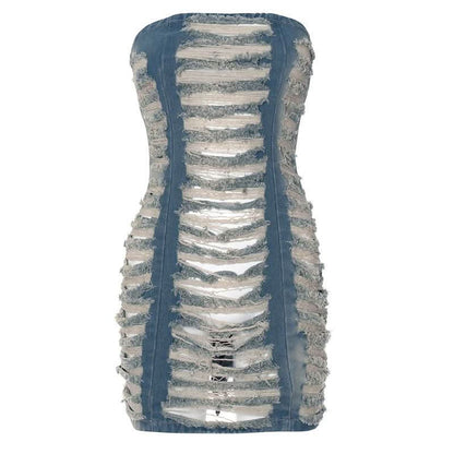Hollow out ruched raw hem zip-up tube cut out mini dress