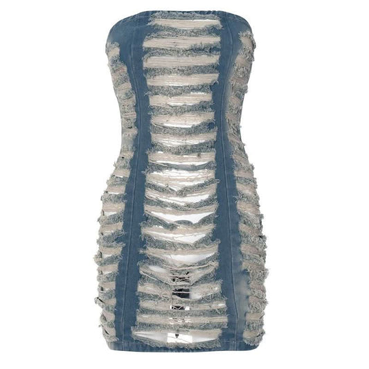 Hollow out ruched raw hem zip-up tube cut out mini dress