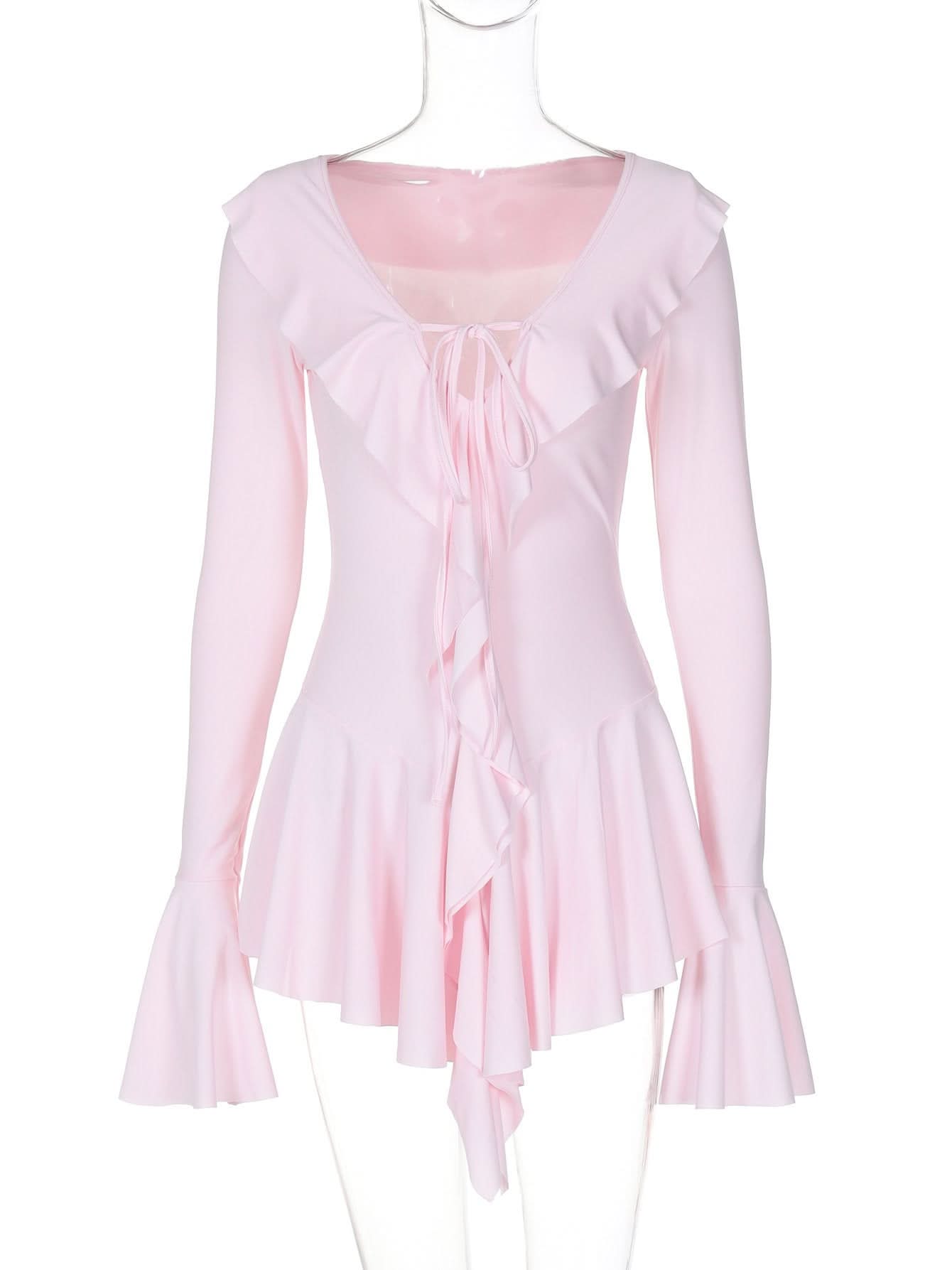 V neck long flared sleeve self tie ruffle mini dress
