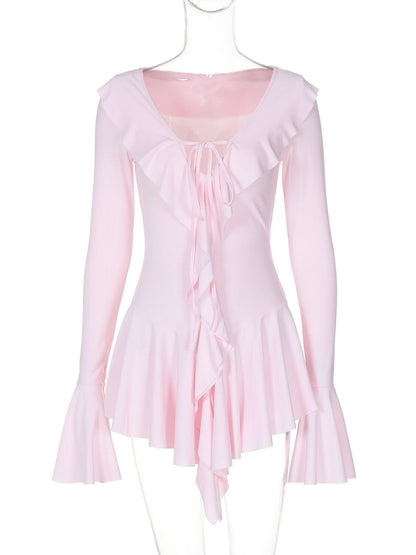 V neck long flared sleeve self tie ruffle mini dress