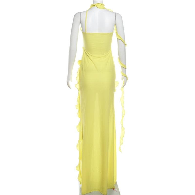 One shoulder ruffle irregular high slit maxi dress