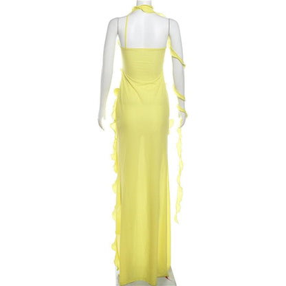 One shoulder ruffle irregular high slit maxi dress