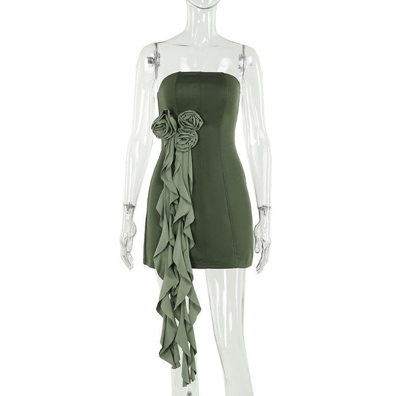 Flower applique ruffle zip-up tube mini dress