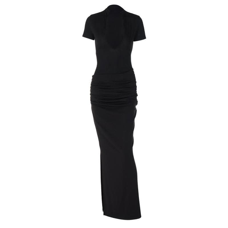 Short sleeve v neck ruched low cut slit solid maxi dress-final-sale