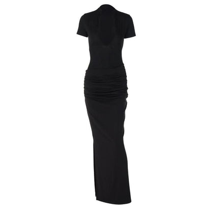 Short sleeve v neck ruched low cut slit solid maxi dress-final-sale