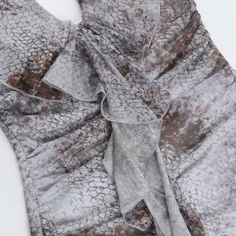 Self tie halter snakeskin print ruffle ruched mini dress