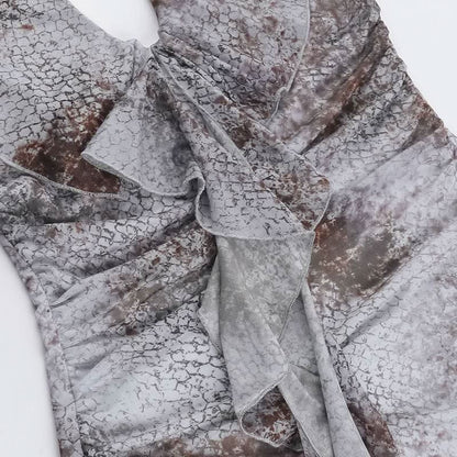 Self tie halter snakeskin print ruffle ruched mini dress