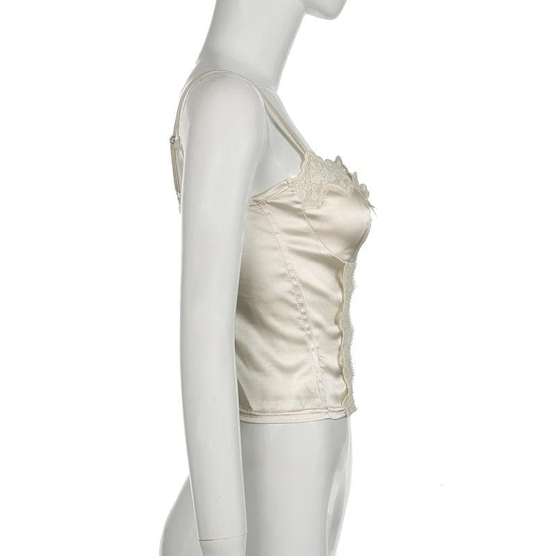 Satin lace hem stitch bustier bowknot solid cami top