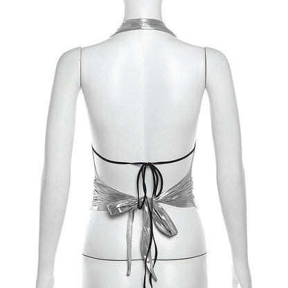 Halter metallic glitter cowl neck ruched 2 piece top