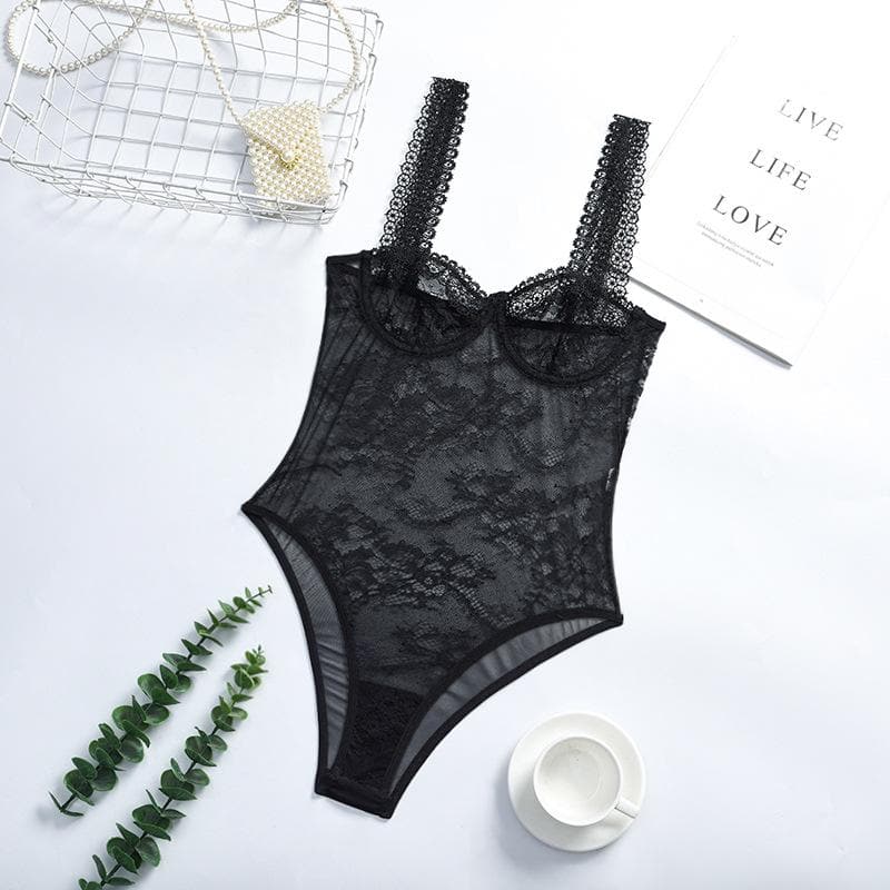 Sheer lace see through backless cami bodysuit