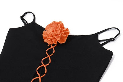 U neck flower applique lace up ruffle cami mini dress