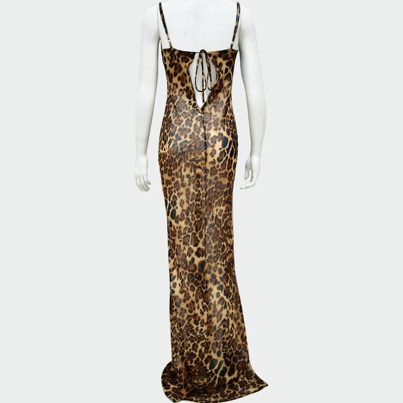 Leopard print cowl neck sheer mesh cami maxi dress